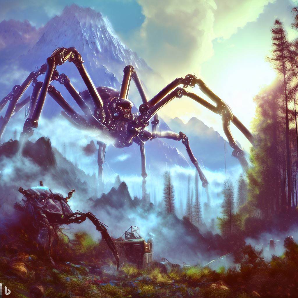 future spider robot fighting in tall forest, peaks in background, wreckage in foreground, surreal clouds, bloom, lens flare, realistic h.r. giger bob ross style 4.jpg